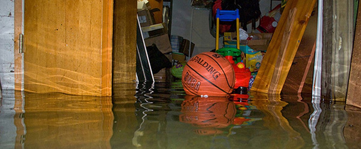 Flooded basement with floating toys